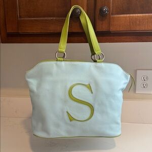 Kelly B Light Blue Tote Bag with Green Handles
